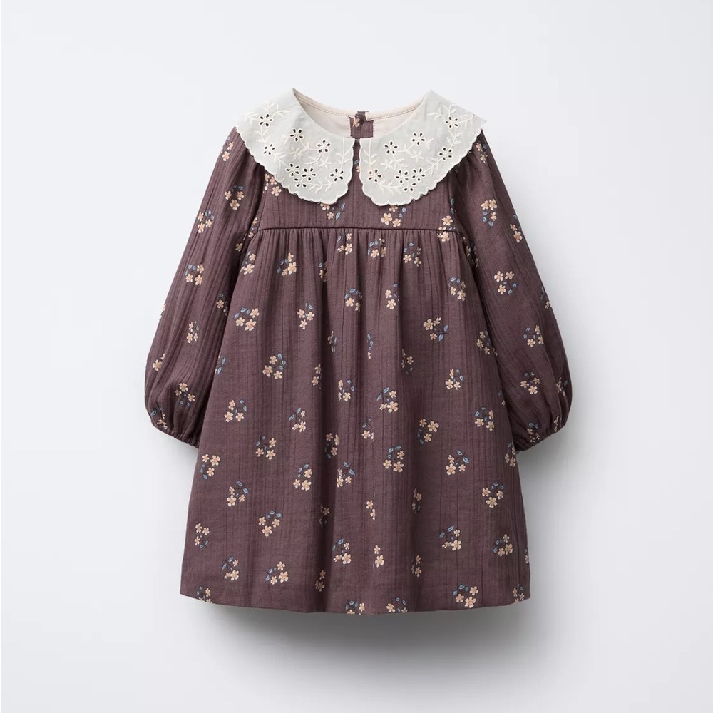 Zara Purple Floral Kids Dress with Lace Collar